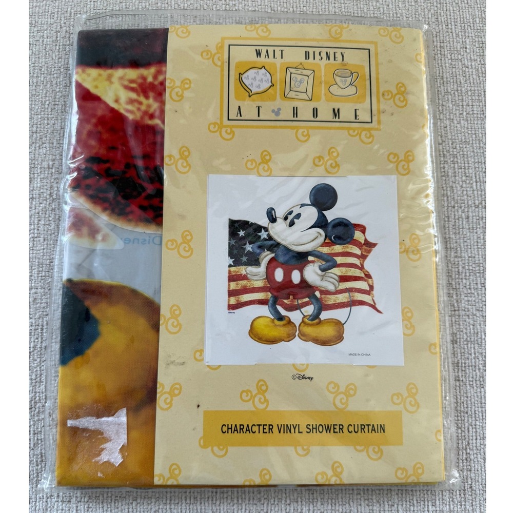 VTG Disney At Home Mickey Mouse Vinyl Shower Curtain Patriotic USA Flag NIP